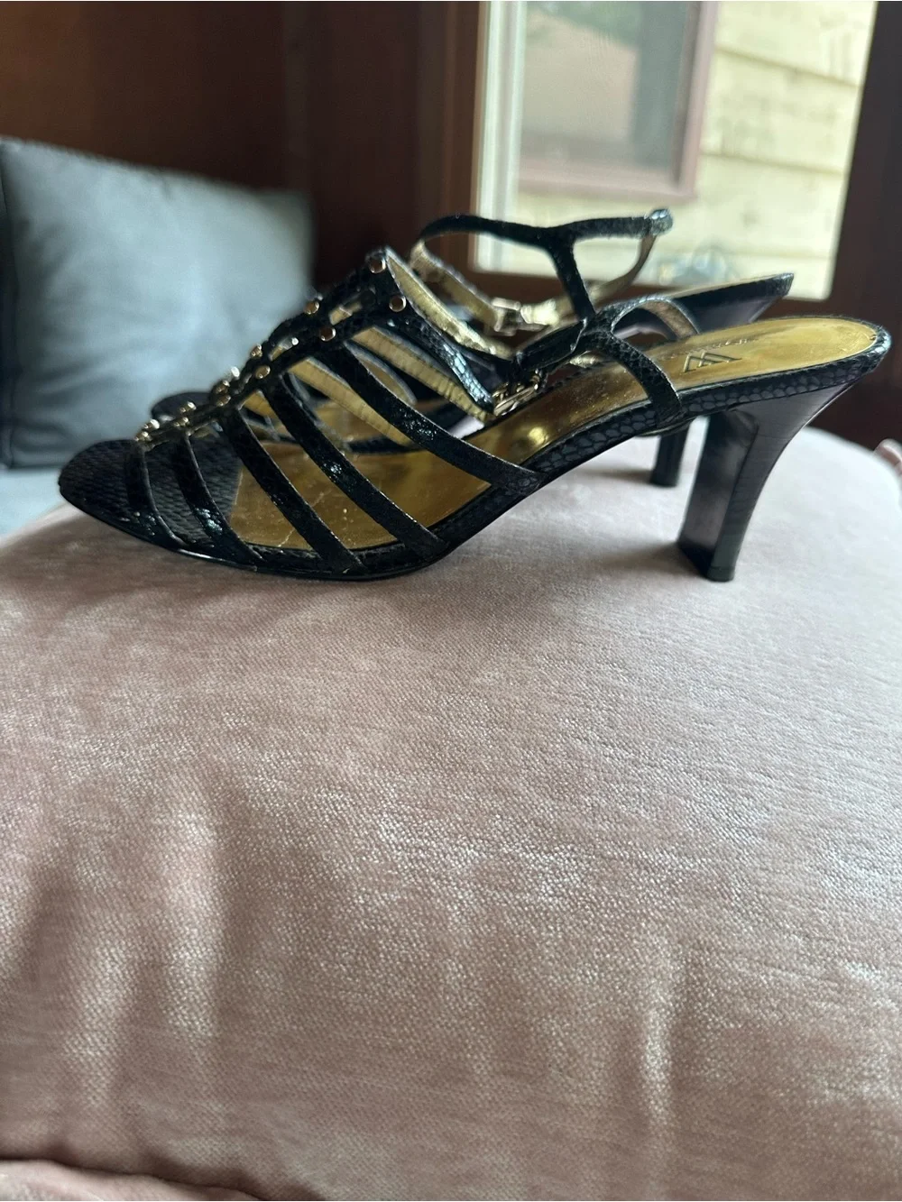 Worthington Black Strappy Heeled Sandals with Gold Insole